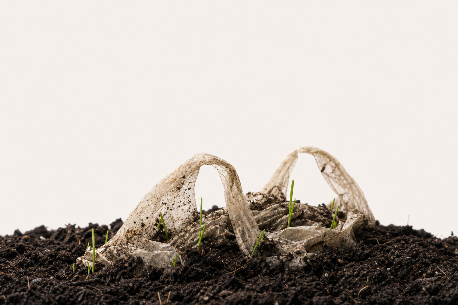 A translucent compostable bag mid-decomposition in rich, dark soil. Small green sprouts rise through it — the bag returning, quietly, to earth.