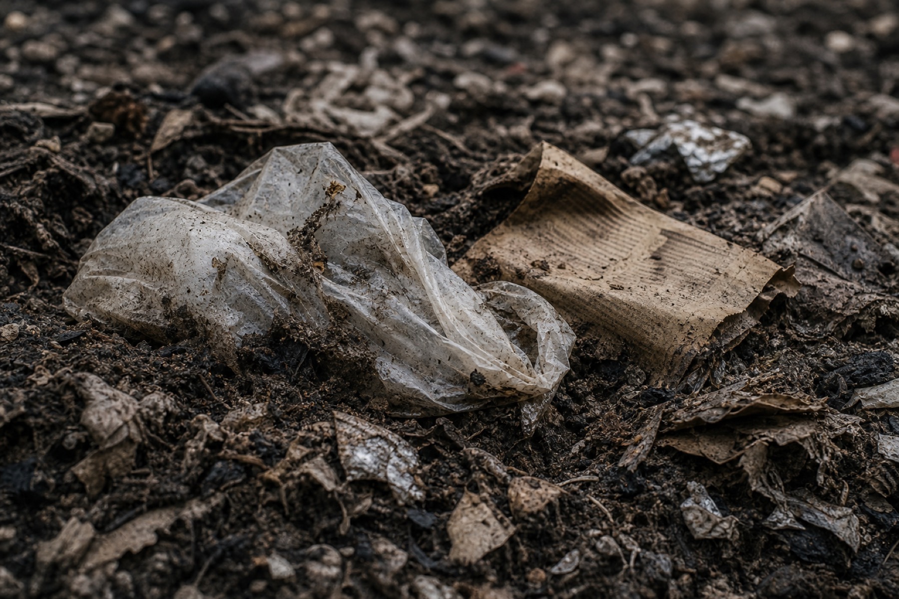 A piece of crumpled film inside compacted landfill stratum — what we exist to make obsolete.
